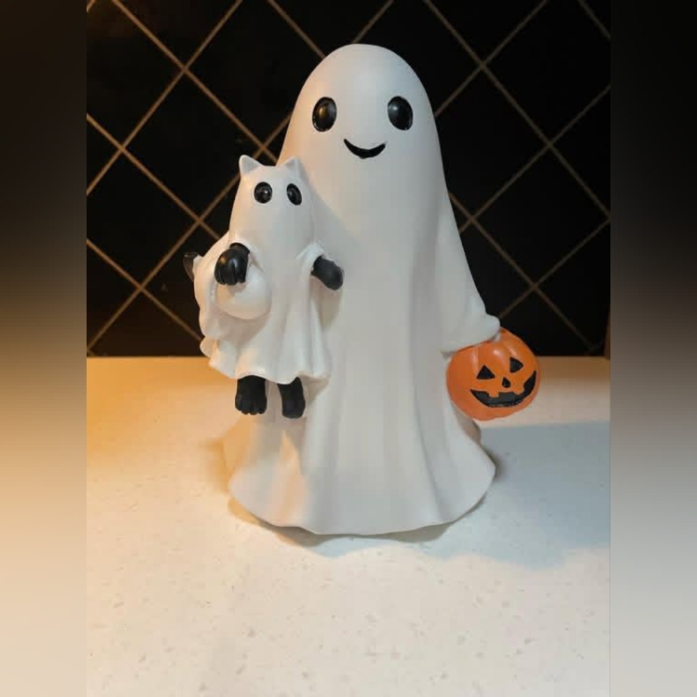 Ghost and ghost cat Figurine with Pumpkin , ghost cat , trick or treating ghost